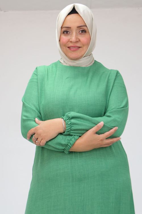 42027 Büyük Beden Eteği Büzgülü  Keten Elbise - Haki