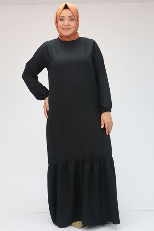 42027 Büyük Beden Eteği Büzgülü  Keten Elbise - Siyah