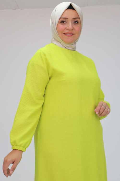 42027 Büyük Beden Eteği Büzgülü  Keten Elbise - Yağ Yeşili