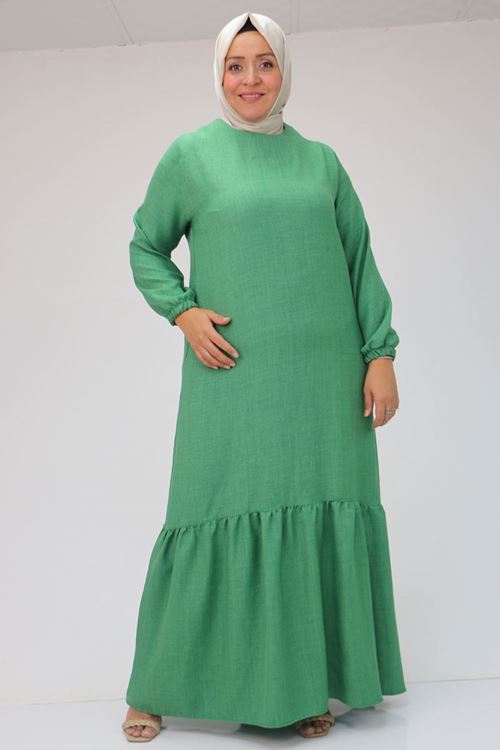 42027 Büyük Beden Eteği Büzgülü  Keten Elbise - Haki