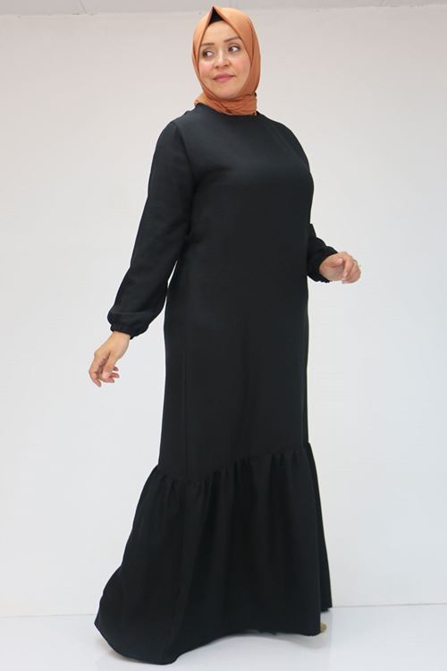 42027 Büyük Beden Eteği Büzgülü  Keten Elbise - Siyah