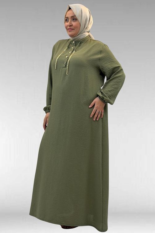 42010 Büyük Beden Keten Airobin Zincir Detaylı Elbise - Haki