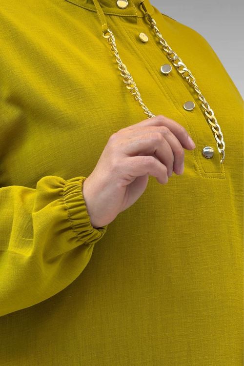 42010 Büyük Beden Keten Airobin Zincir Detaylı Elbise - Yağ Yeşili