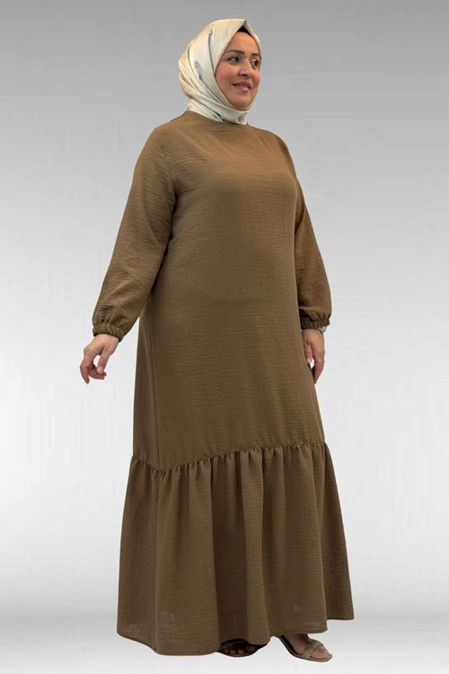 42027 Büyük Beden Eteği Büzgülü  Keten Elbise - Kahve