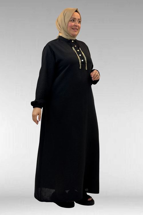 42010 Büyük Beden Keten Airobin Düğmeli Elbise-Siyah