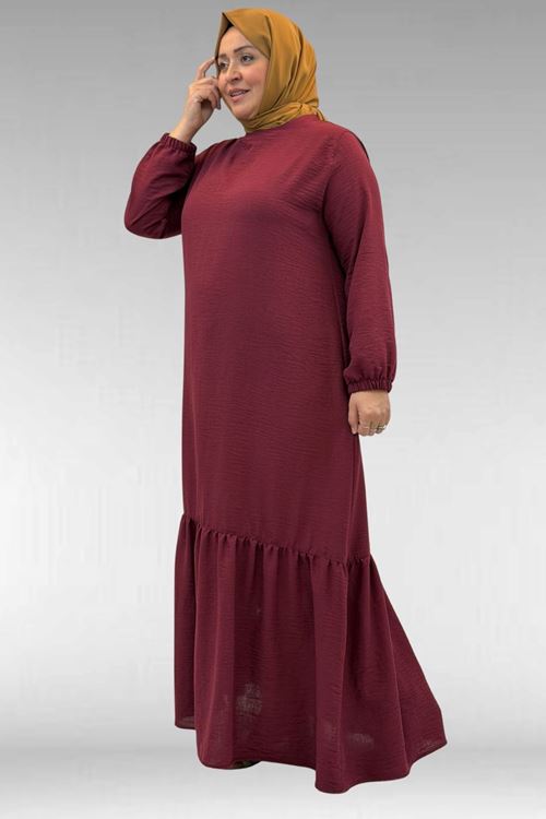 42027 Büyük Beden Eteği Büzgülü  Keten Elbise - Bordo
