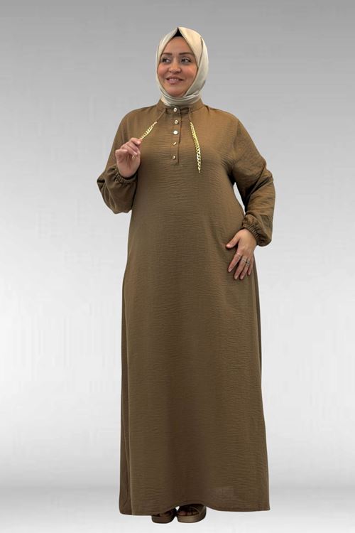 42010 Büyük Beden Keten Airobin Zincir Detaylı Elbise - Vizon