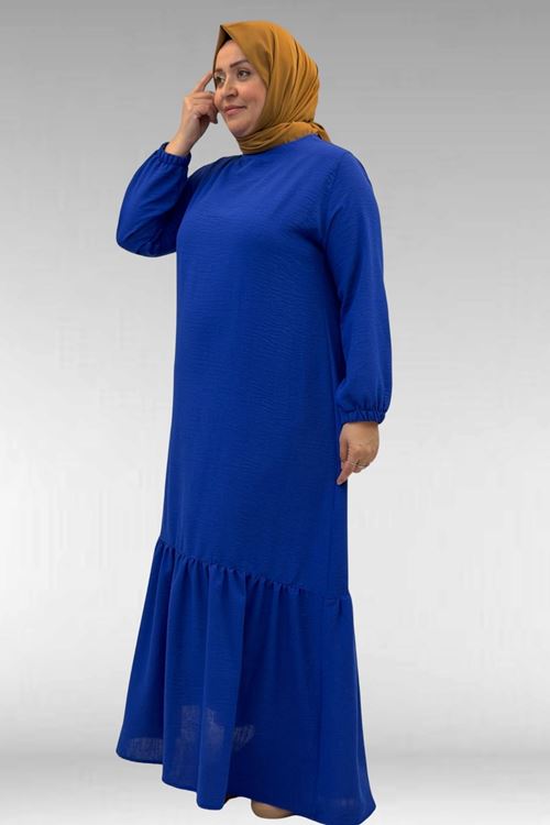 42027 Büyük Beden Eteği Büzgülü  Keten Elbise - Saks