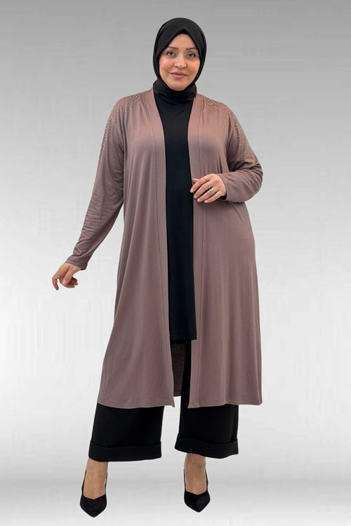 53069 Büyük Beden Omzu Taş Detaylı Penye Ceket - Vizon