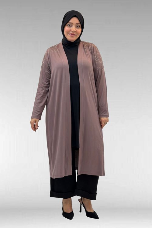 53069 Büyük Beden Omzu Taş Detaylı Penye Ceket - Vizon