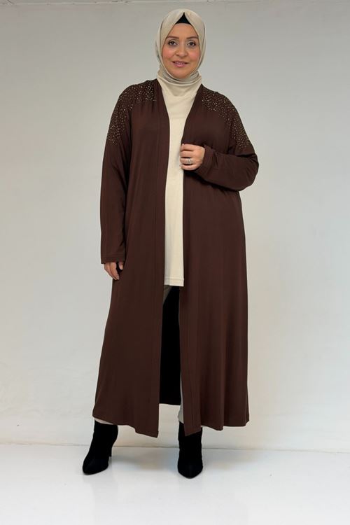 53069 Büyük Beden Omzu Taş Detaylı Penye Ceket - Kahve
