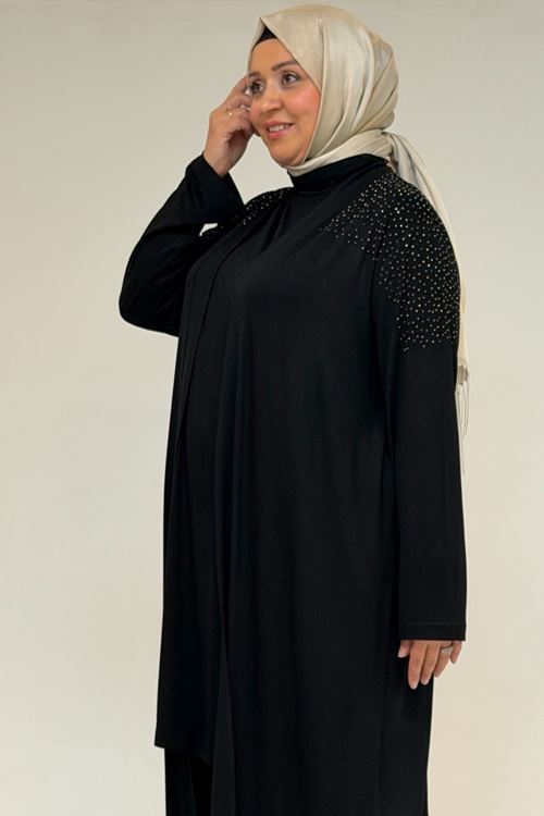 53069 Büyük Beden Omzu Taş Detaylı Penye Ceket - Siyah