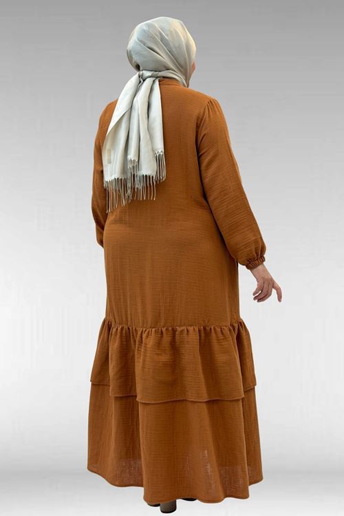 66002 Büyük Beden Eteği Fırfırlı Kolları Lastikli Müslin Ferace - Tarçın