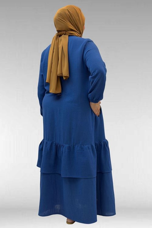 66002 Büyük Beden Eteği Fırfırlı Kolları Lastikli Müslin Ferace - İndigo