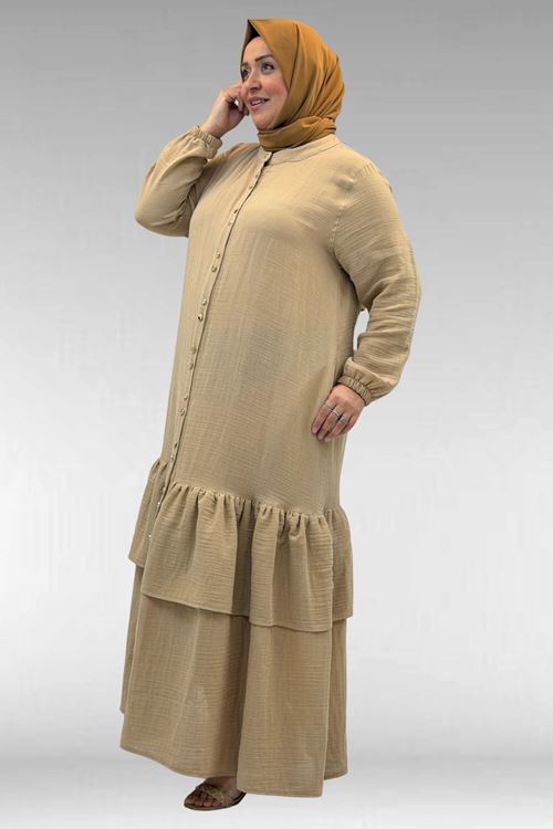 66002 Büyük Beden Eteği Fırfırlı Kolları Lastikli Müslin Ferace - Bej