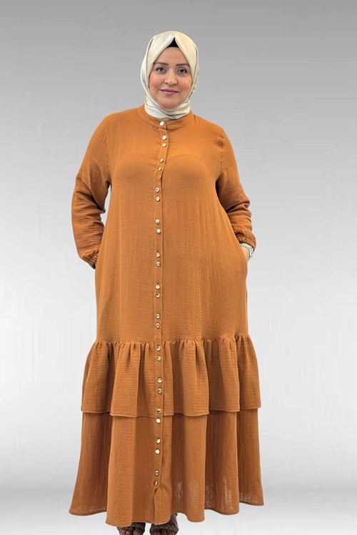 66002 Büyük Beden Eteği Fırfırlı Kolları Lastikli Müslin Ferace - Tarçın