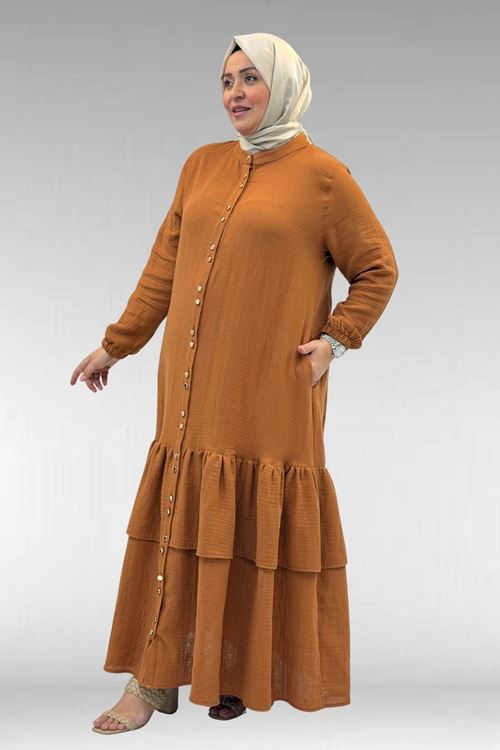 66002 Büyük Beden Eteği Fırfırlı Kolları Lastikli Müslin Ferace - Tarçın