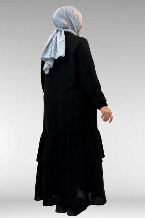 66002 Büyük Beden Eteği Fırfırlı Kolları Lastikli Müslin Ferace - Siyah