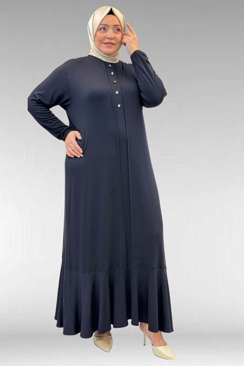 62006 Büyük Beden Önü Çıma Detaylı Penye Elbise - Koyu Lacivert