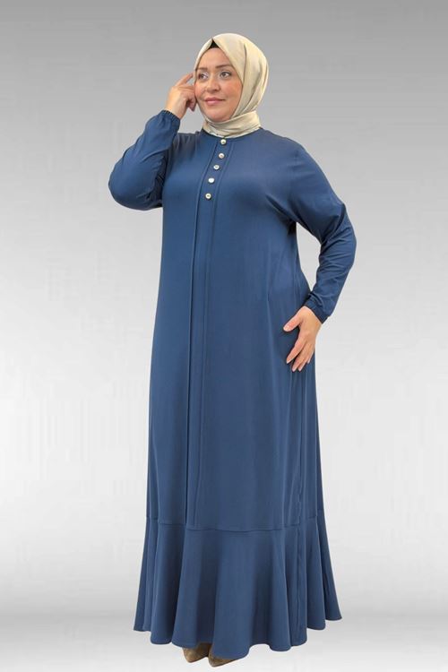 62006 Büyük Beden Önü Çıma Detaylı Penye Elbise - Petrol