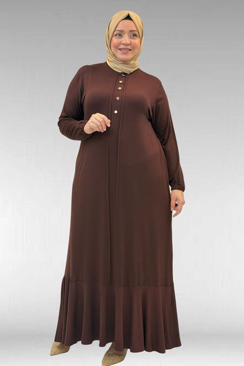 62006 Büyük Beden Önü Çıma Detaylı Penye Elbise - Kahve