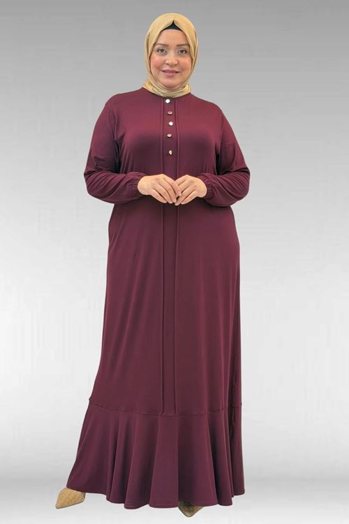 62006 Büyük Beden Önü Çıma Detaylı Penye Elbise - Bordo