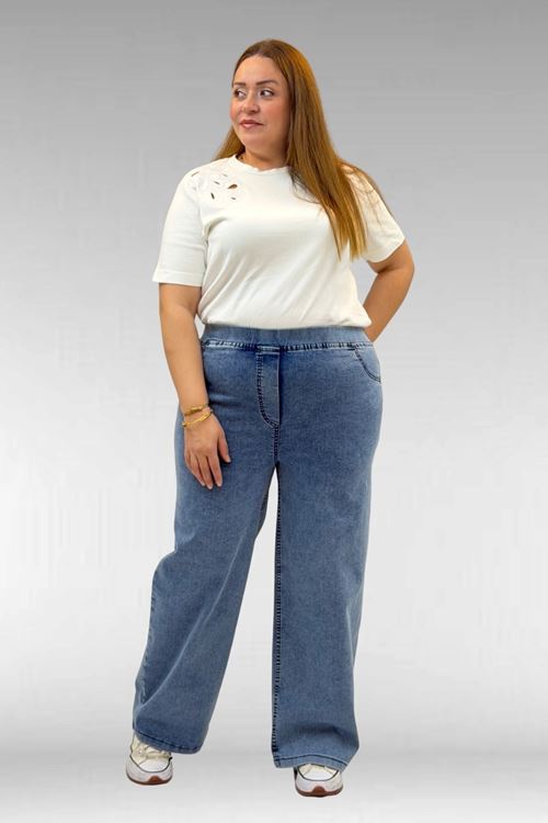 9182-10 Büyük Beden Bolpaça Beli Lastikli Kot Pantolon - Kar Yıkama Mavi