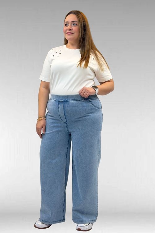 9182-10 Büyük Beden Bolpaça Beli Lastikli Kot Pantolon - Kar Yıkama Buz Mavi