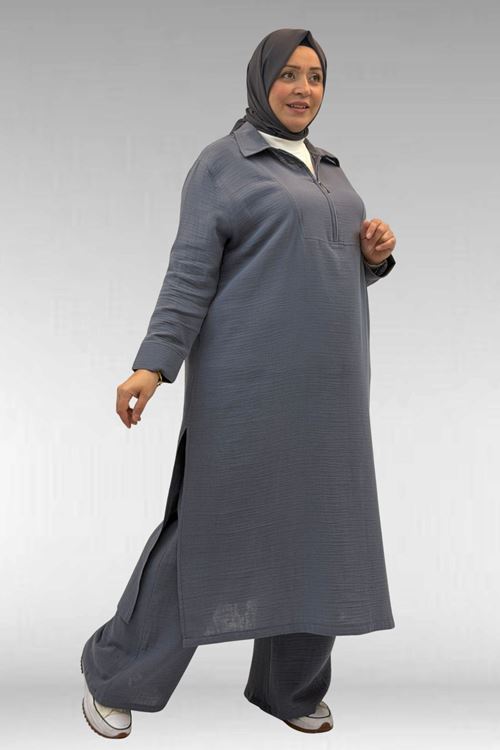 67026 Büyük Beden Erkek Yaka Yarım Fermuarlı Müslin Pantolonlu Takım - Antrasit