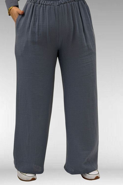 67026 Büyük Beden Erkek Yaka Yarım Fermuarlı Müslin Pantolonlu Takım - Antrasit