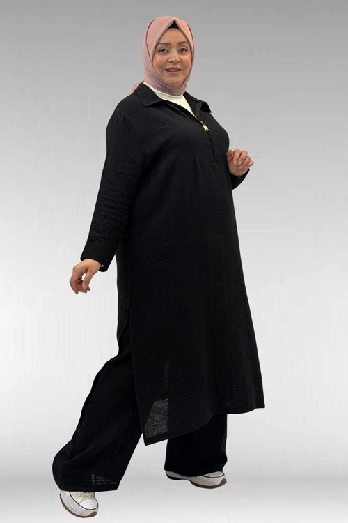 67026 Büyük Beden Erkek Yaka Yarım Fermuarlı Müslin Pantolonlu Takım - Siyah