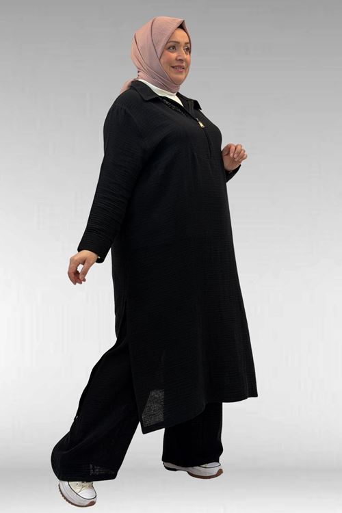 67026 Büyük Beden Erkek Yaka Yarım Fermuarlı Müslin Pantolonlu Takım - Siyah