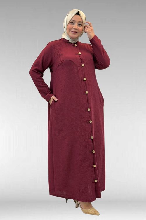 66003 Büyük Beden Boydan Düğmeli Keten Ferace - Bordo