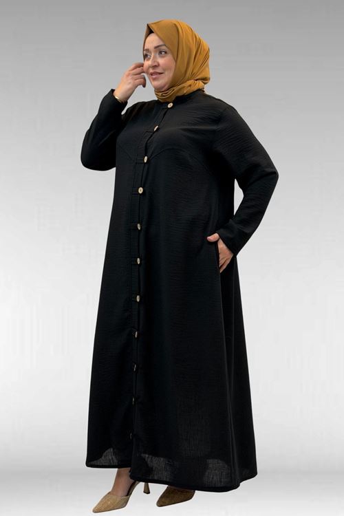 66003 Büyük Beden Boydan Düğmeli Keten Ferace - Siyah
