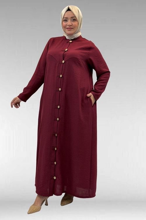 66003 Büyük Beden Boydan Düğmeli Keten Ferace - Bordo