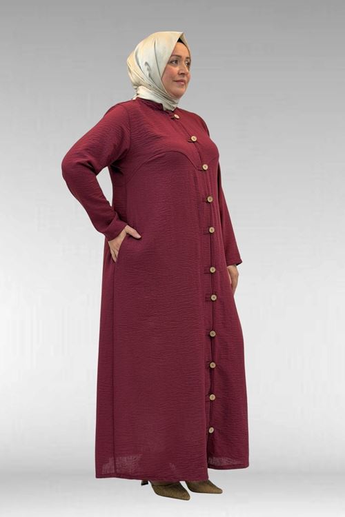 66003 Büyük Beden Boydan Düğmeli Keten Ferace - Bordo