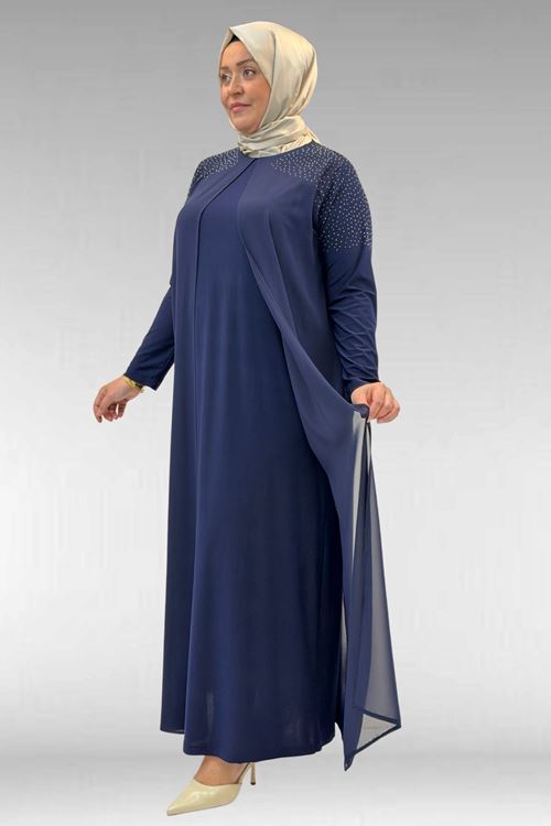 42003 Büyük Beden Taş Detaylı Sandy-Şifon Elbise - Lacivert