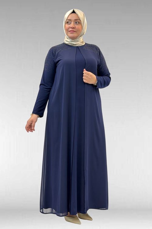 42003 Büyük Beden Taş Detaylı Sandy-Şifon Elbise - Lacivert