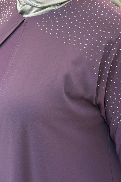 42003 Büyük Beden Taş Detaylı Sandy-Şifon Elbise - Mor