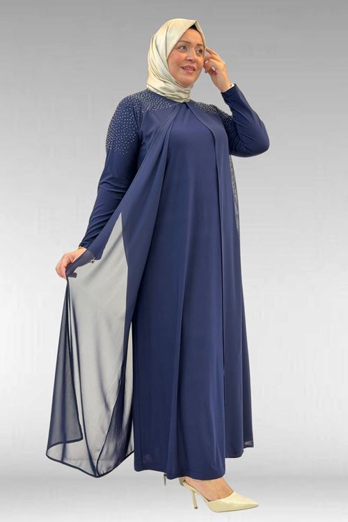 42003 Büyük Beden Taş Detaylı Sandy-Şifon Elbise - Lacivert