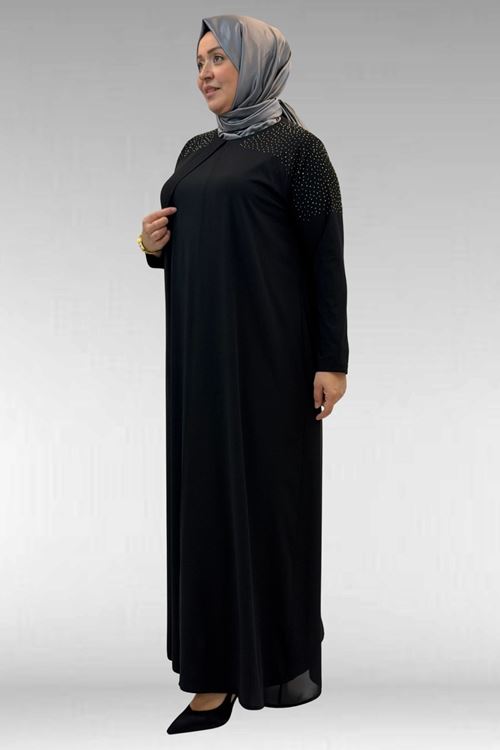 42003 Büyük Beden Taş Detaylı Sandy-Şifon Elbise - Siyah