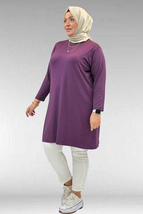 38501 Büyük Beden Basic Penye Tunik -Mürdüm