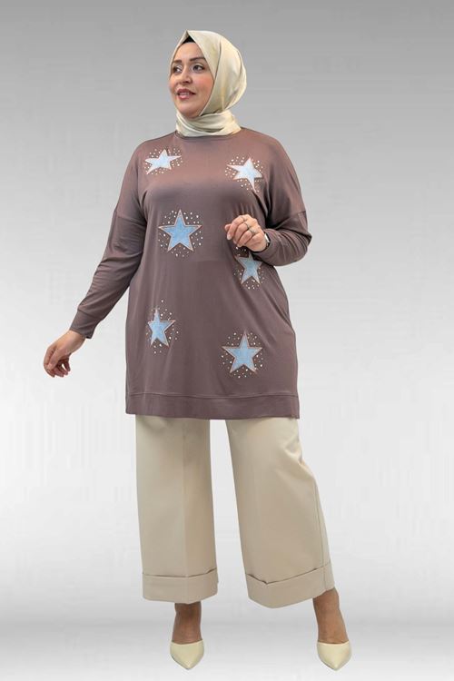 58013 Büyük Beden Önü Yıldız Ve Taş Detaylı Penye Tunik - Vizon