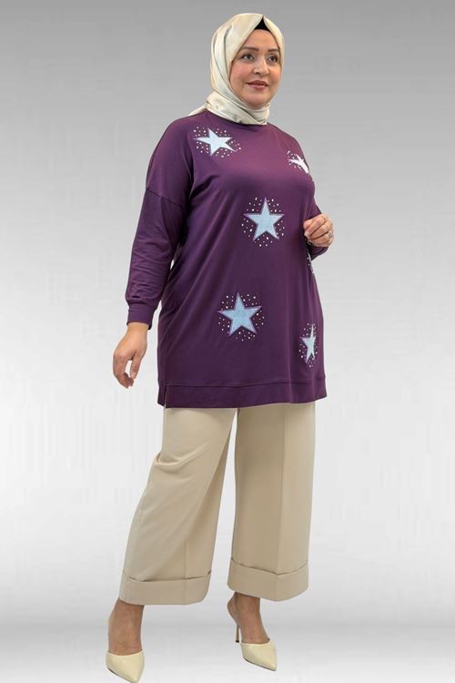 58013 Büyük Beden Önü Yıldız Ve Taş Detaylı Penye Tunik - Mürdüm
