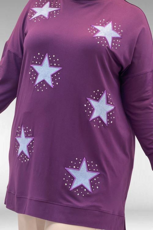 58013 Büyük Beden Önü Yıldız Ve Taş Detaylı Penye Tunik - Mürdüm