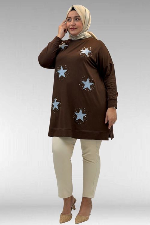 58013 Büyük Beden Önü Yıldız Ve Taş Detaylı Penye Tunik - Kahve