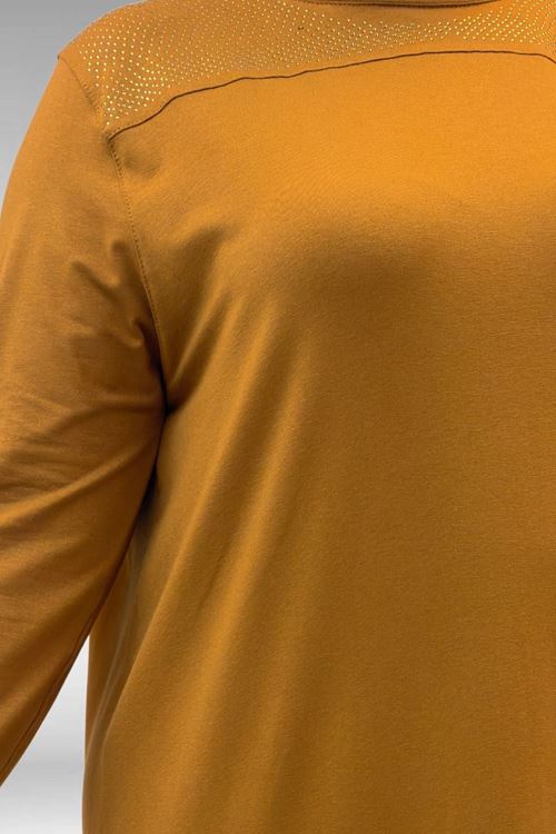 68036 Büyük Beden Önü Parçalı Taş Detaylı Penye Tunik - Hardal