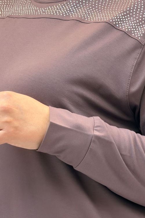 68036 Büyük Beden Önü Parçalı Taş Detaylı Penye Tunik - Vizon