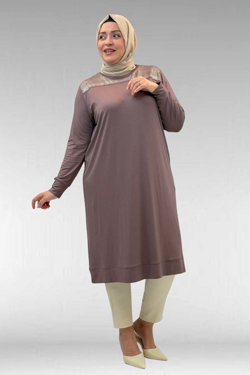 68036 Büyük Beden Önü Parçalı Taş Detaylı Penye Tunik - Vizon