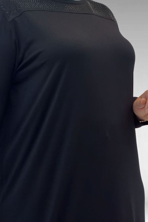 68036 Büyük Beden Önü Parçalı Taş Detaylı Penye Tunik - Siyah